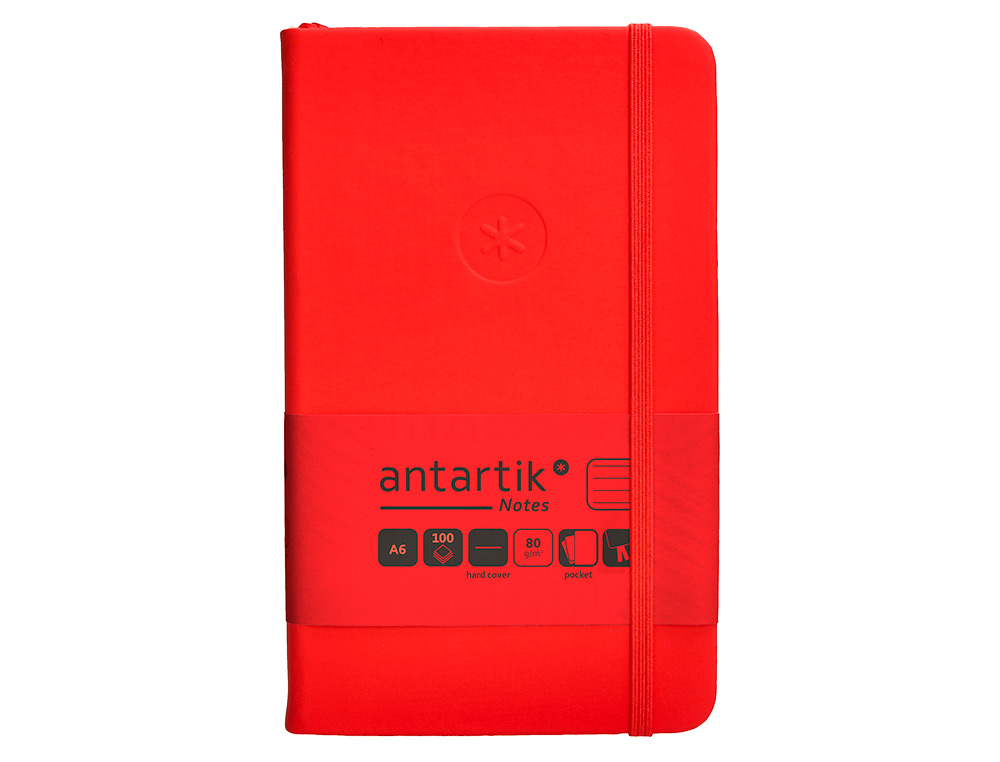 CUADERNO CON GOMILLA ANTARTIK NOTES TAPA DURA A6 HOJAS RAYAS ROJO 100 HOJAS 80 GR FSC