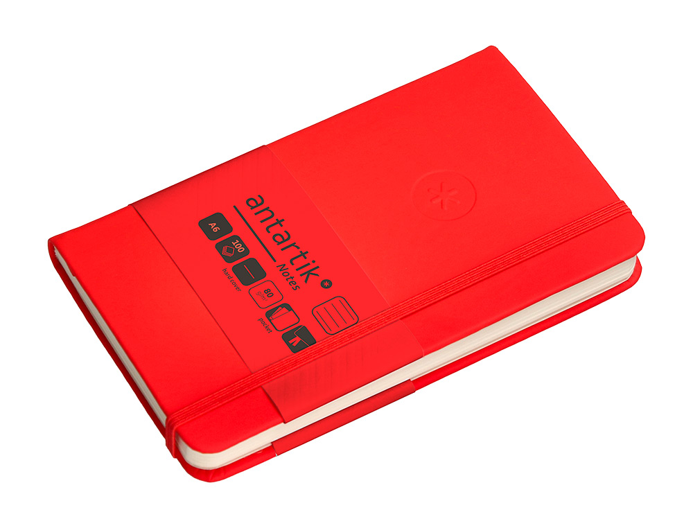 CUADERNO CON GOMILLA ANTARTIK NOTES TAPA DURA A6 HOJAS RAYAS ROJO 100 HOJAS 80 GR FSC