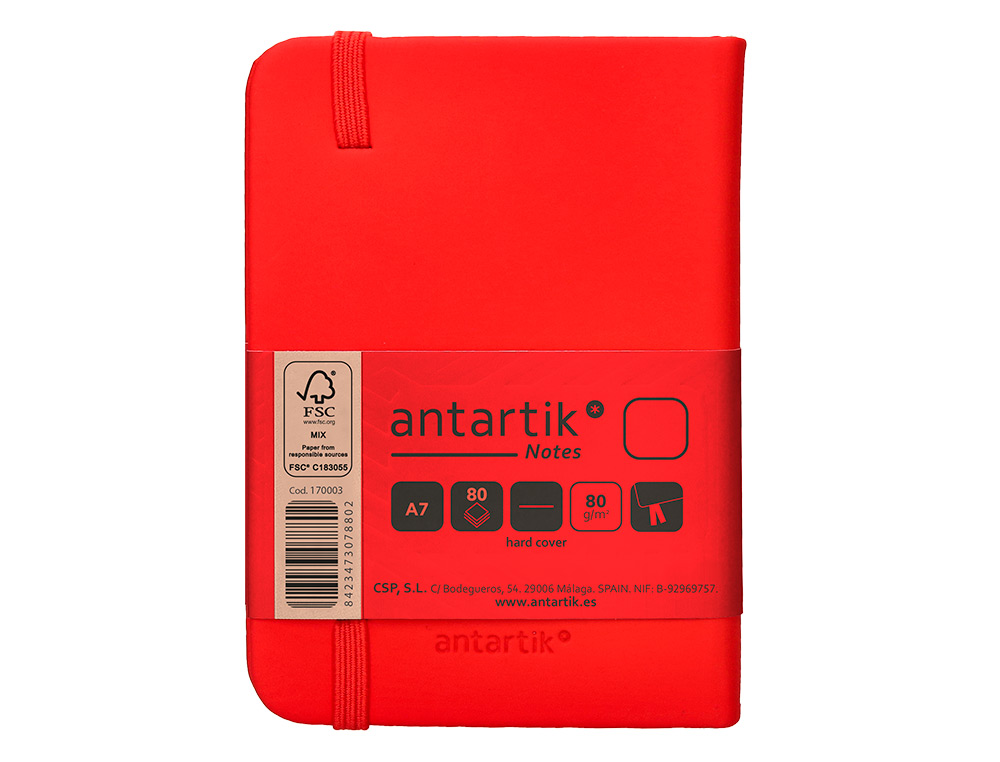 CUADERNO CON GOMILLA ANTARTIK NOTES TAPA DURA A7 HOJAS LISAS ROJO 80 HOJAS 80 GR FSC