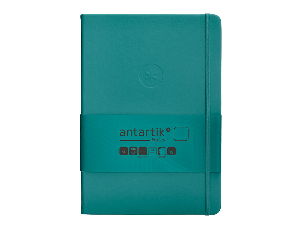 CUADERNO CON GOMILLA ANTARTIK NOTES TAPA DURA A5 HOJAS LISAS VERDE AGUAMARINA 100 HOJAS 80 GR FSC