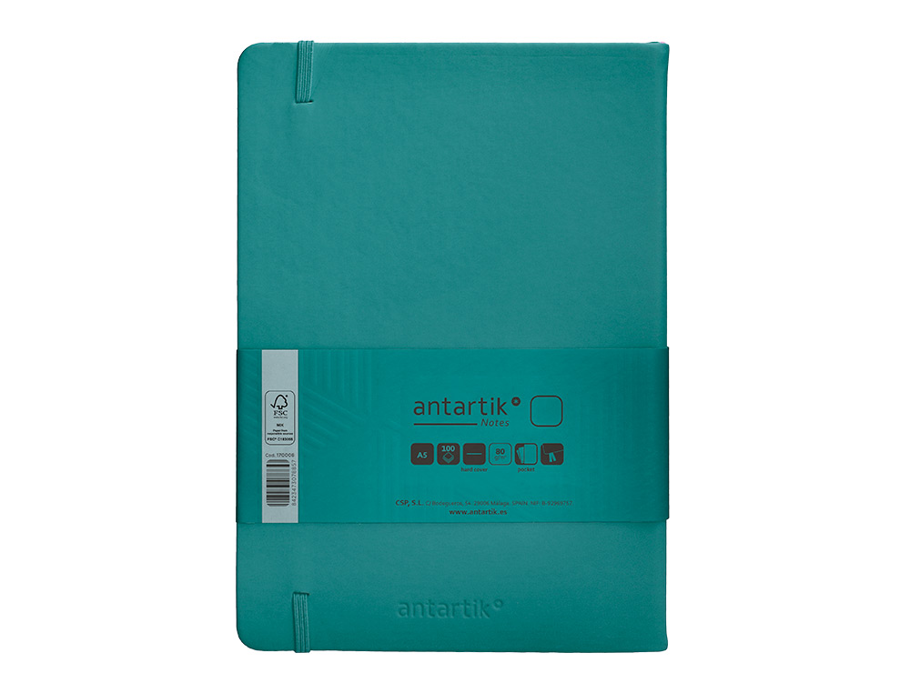 CUADERNO CON GOMILLA ANTARTIK NOTES TAPA DURA A5 HOJAS LISAS VERDE AGUAMARINA 100 HOJAS 80 GR FSC
