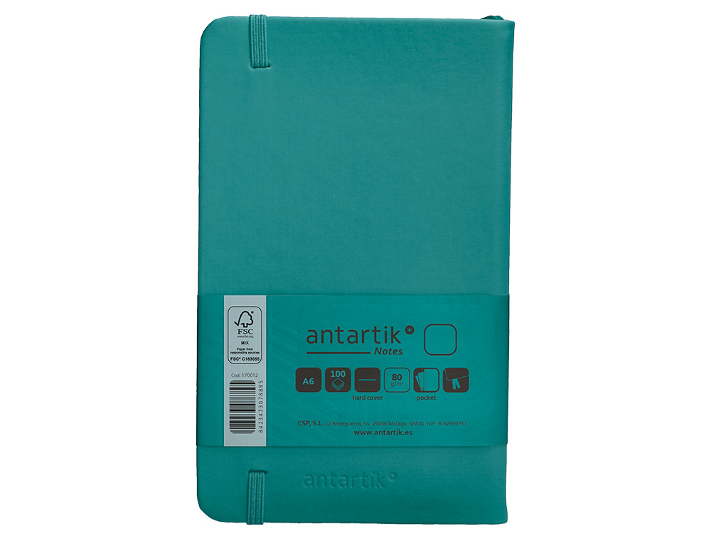 CUADERNO CON GOMILLA ANTARTIK NOTES TAPA DURA A6 HOJAS LISAS VERDE AGUAMARINA 100 HOJAS 80 GR FSC