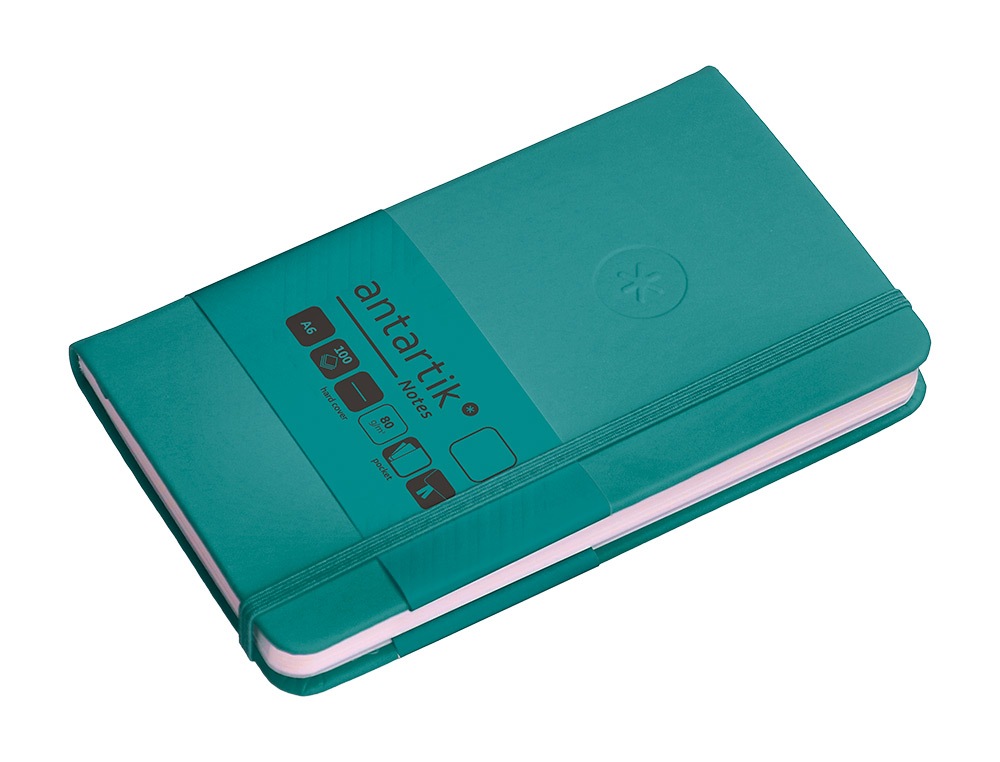CUADERNO CON GOMILLA ANTARTIK NOTES TAPA DURA A6 HOJAS LISAS VERDE AGUAMARINA 100 HOJAS 80 GR FSC