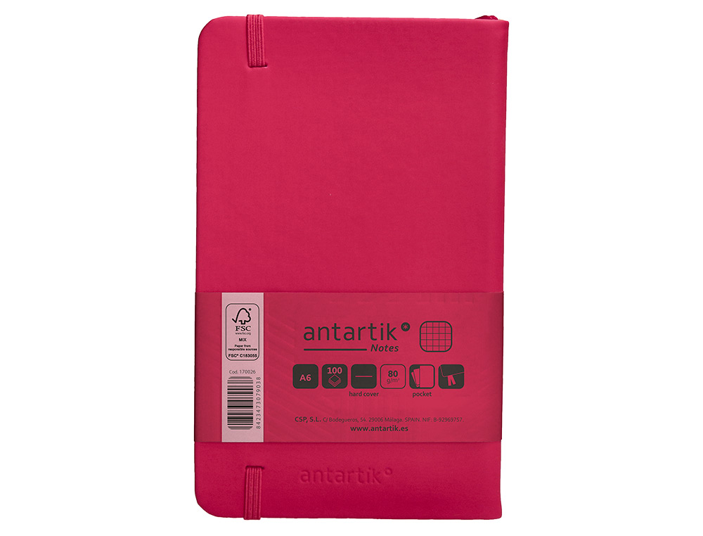 CUADERNO CON GOMILLA ANTARTIK NOTES TAPA DURA A6 HOJAS CUADRICULA BURDEOS 100 HOJAS 80 GR FSC