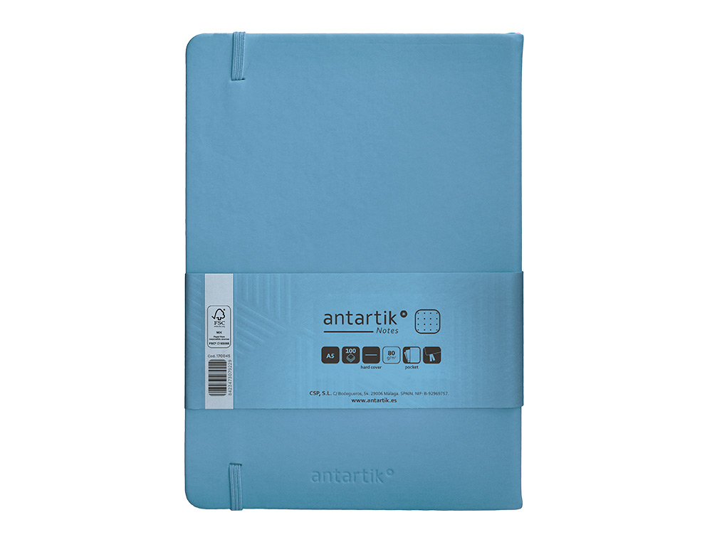 CUADERNO CON GOMILLA ANTARTIK NOTES TAPA DURA A5 HOJAS PUNTOS AZUL CLARO 100 HOJAS 80 GR FSC