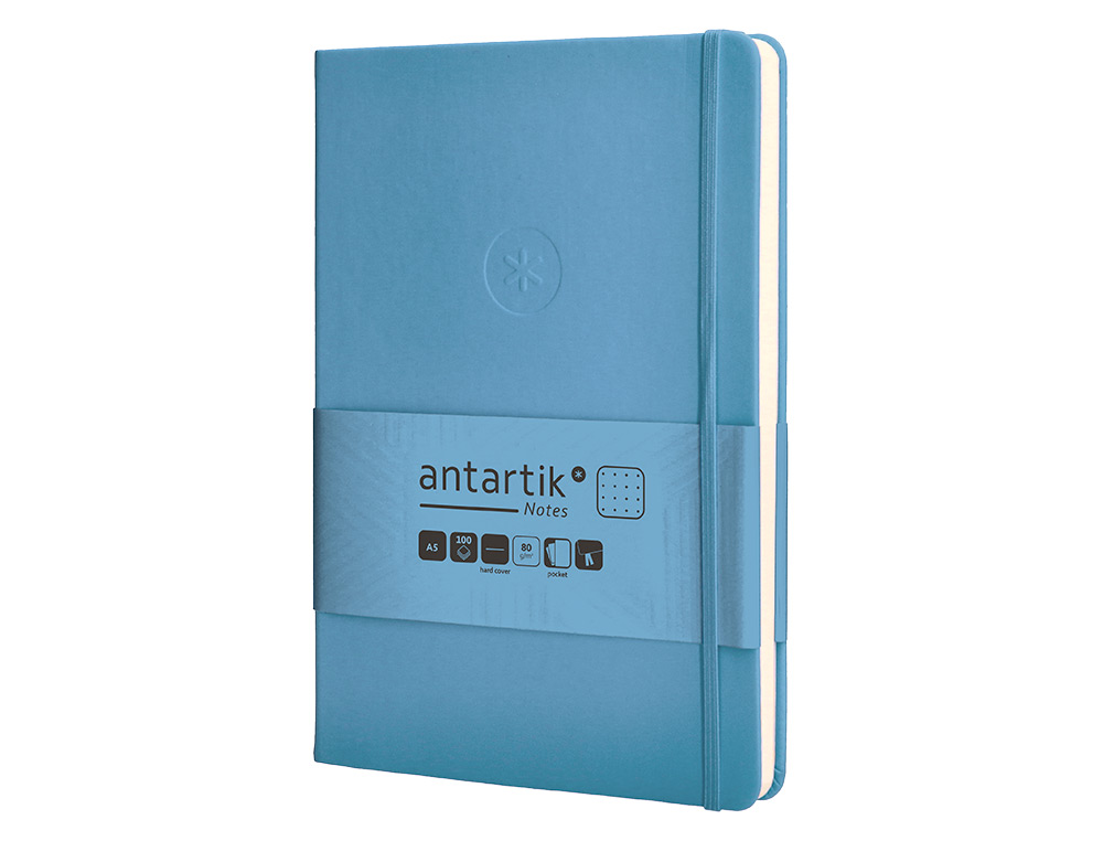 CUADERNO CON GOMILLA ANTARTIK NOTES TAPA DURA A5 HOJAS PUNTOS AZUL CLARO 100 HOJAS 80 GR FSC