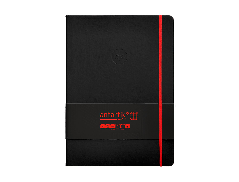 CUADERNO CON GOMILLA ANTARTIK NOTES TAPA DURA A4 HOJAS CUADRICULA NEGRO Y ROJO 100 HOJAS 80 GR FSC