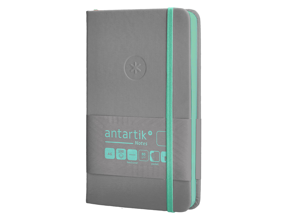 CUADERNO CON GOMILLA ANTARTIK NOTES TAPA DURA A6 HOJAS LISAS GRIS Y TURQUESA 100 HOJAS 80 GR FSC