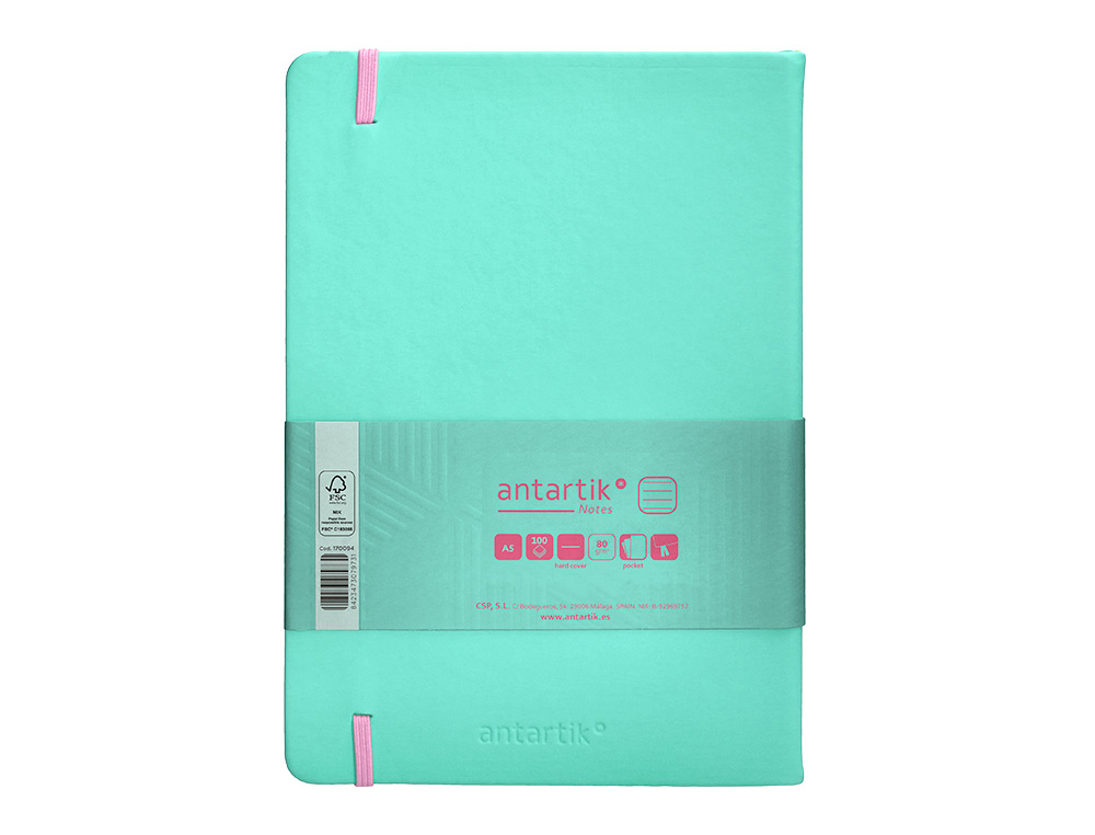CUADERNO CON GOMILLA ANTARTIK NOTES TAPA DURA A5 HOJAS RAYAS ROSA Y TURQUESA 100 HOJAS 80 GR FSC