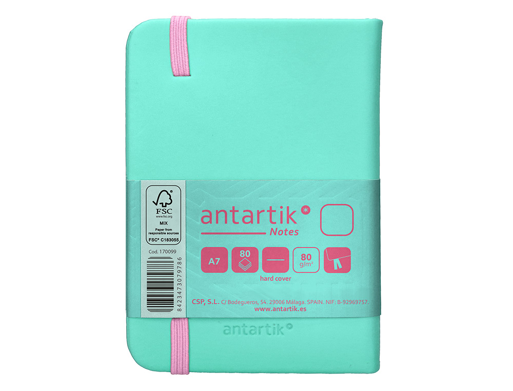 CUADERNO CON GOMILLA ANTARTIK NOTES TAPA DURA A7 HOJAS LISAS ROSA Y TURQUESA 80 HOJAS 80 GR FSC