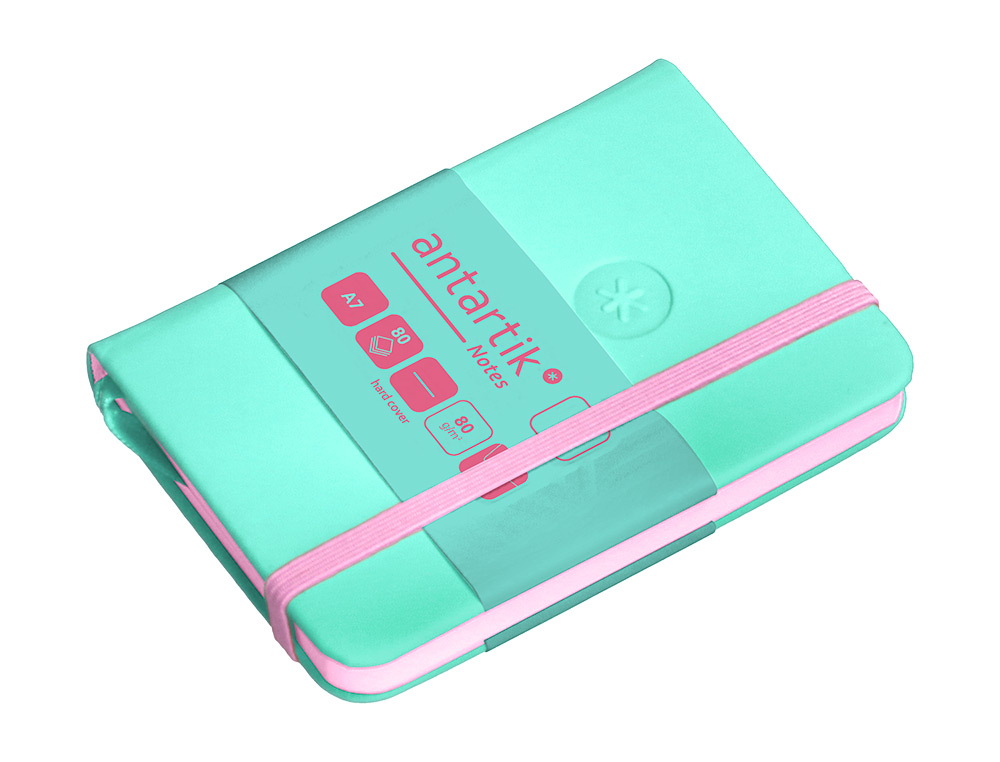 CUADERNO CON GOMILLA ANTARTIK NOTES TAPA DURA A7 HOJAS LISAS ROSA Y TURQUESA 80 HOJAS 80 GR FSC