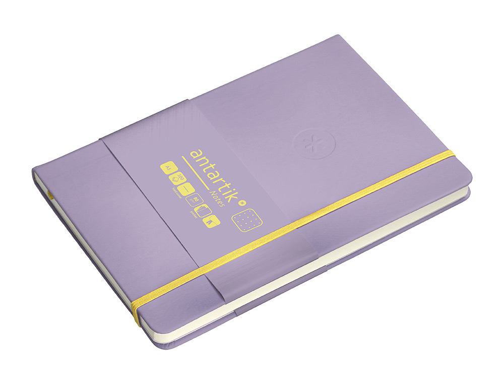 CUADERNO CON GOMILLA ANTARTIK NOTES TAPA DURA A5 HOJAS PUNTOS MORADO Y AMARILLO 100 HOJAS 80 GR FSC
