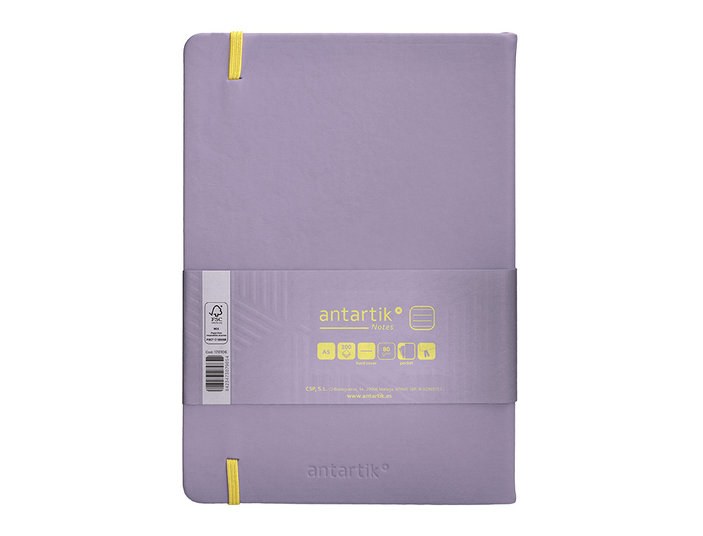 CUADERNO CON GOMILLA ANTARTIK NOTES TAPA DURA A5 HOJAS RAYAS MORADO Y AMARILLO 100 HOJAS 80 GR FSC