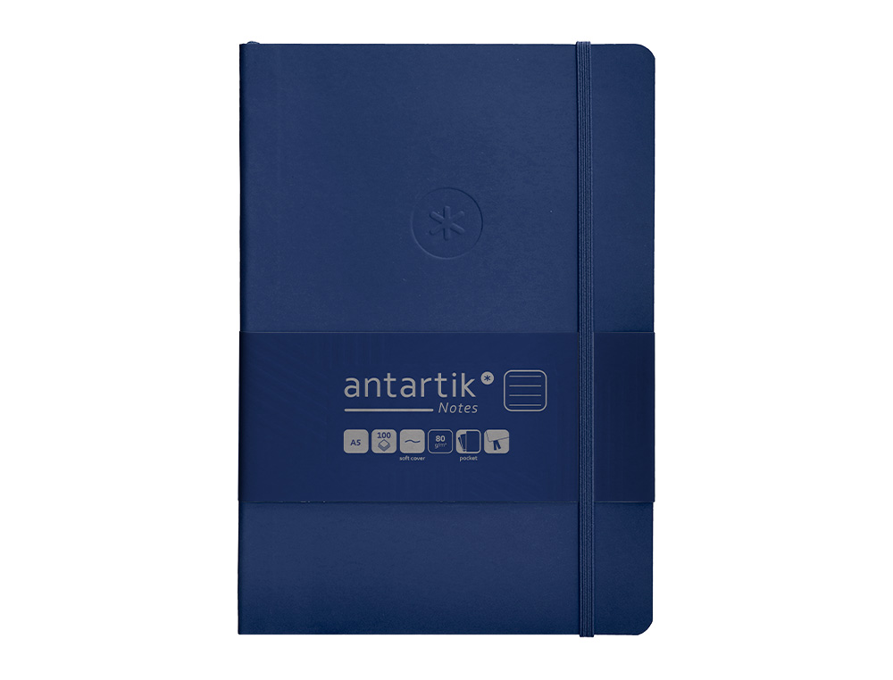 CUADERNO CON GOMILLA ANTARTIK NOTES TAPA BLANDA A5 HOJAS RAYAS AZUL MARINO 80 HOJAS 80 GR FSC