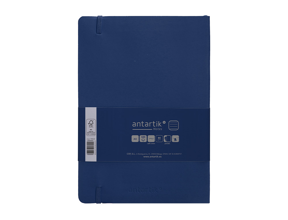 CUADERNO CON GOMILLA ANTARTIK NOTES TAPA BLANDA A5 HOJAS RAYAS AZUL MARINO 80 HOJAS 80 GR FSC