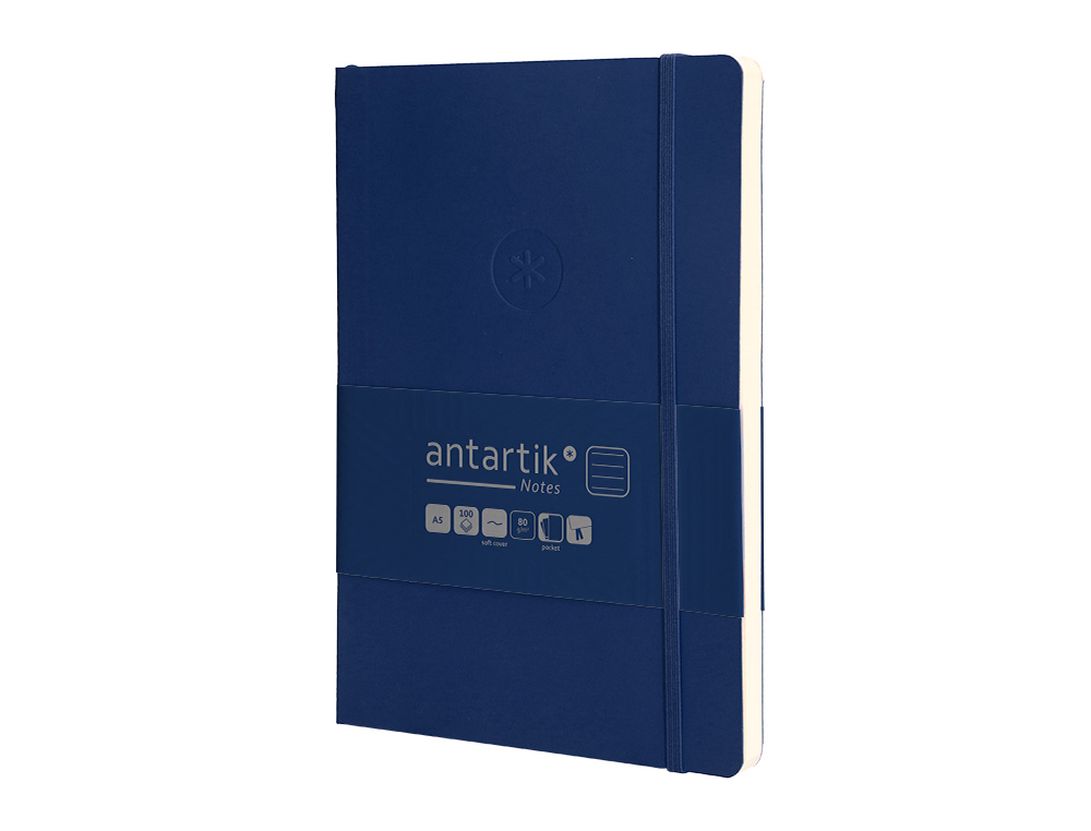 CUADERNO CON GOMILLA ANTARTIK NOTES TAPA BLANDA A5 HOJAS RAYAS AZUL MARINO 80 HOJAS 80 GR FSC