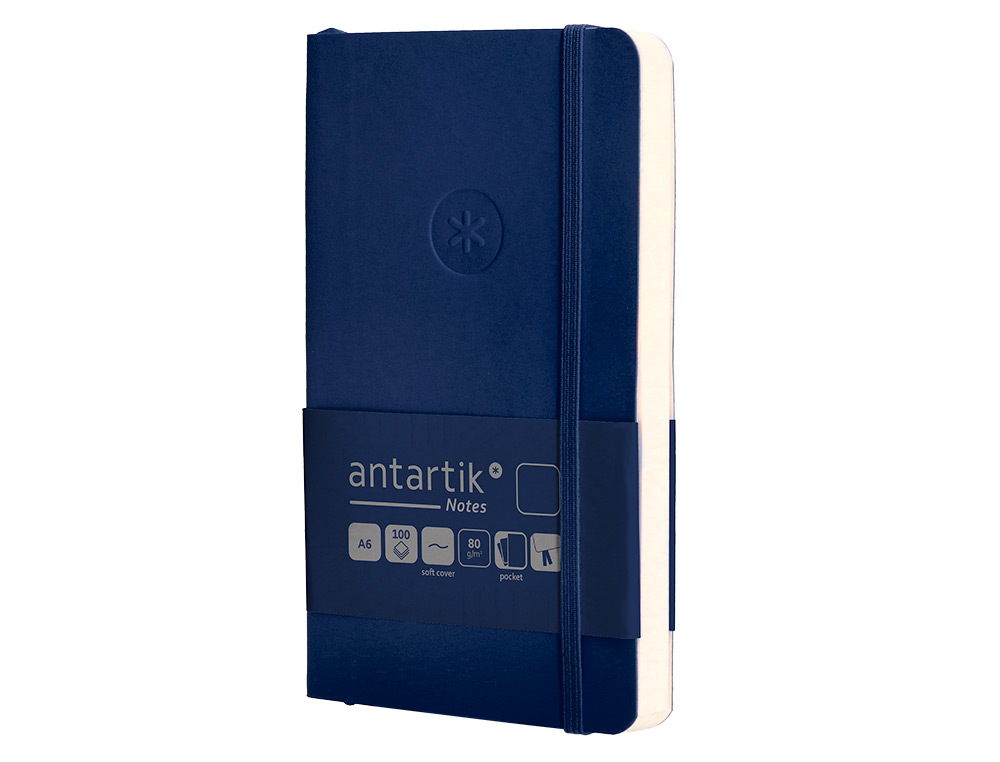 CUADERNO CON GOMILLA ANTARTIK NOTES TAPA BLANDA A6 HOJAS LISAS AZUL MARINO 100 HOJAS 80 GR FSC