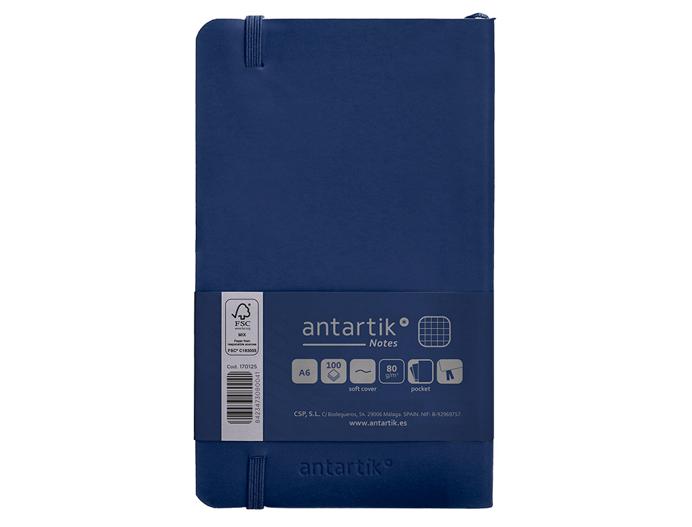 CUADERNO CON GOMILLA ANTARTIK NOTES TAPA BLANDA A6 CUADRICULA AZUL MARINO 100 HOJAS 80 GR FSC