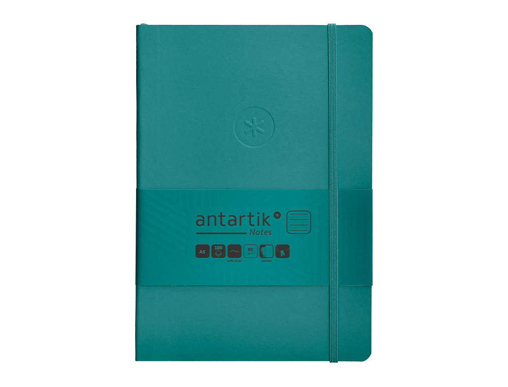 CUADERNO CON GOMILLA ANTARTIK NOTES TAPA BLANDA A5 HOJAS RAYAS VERDE AGUAMARINA 80 HOJAS 80 GR FSC