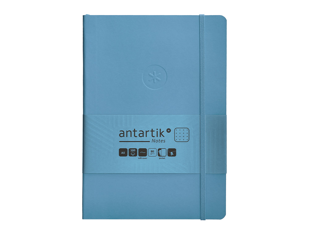 CUADERNO CON GOMILLA ANTARTIK NOTES TAPA BLANDA A5 HOJAS PUNTOS AZUL CLARO 80 HOJAS 80 GR FSC