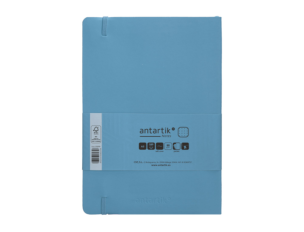 CUADERNO CON GOMILLA ANTARTIK NOTES TAPA BLANDA A5 HOJAS PUNTOS AZUL CLARO 80 HOJAS 80 GR FSC