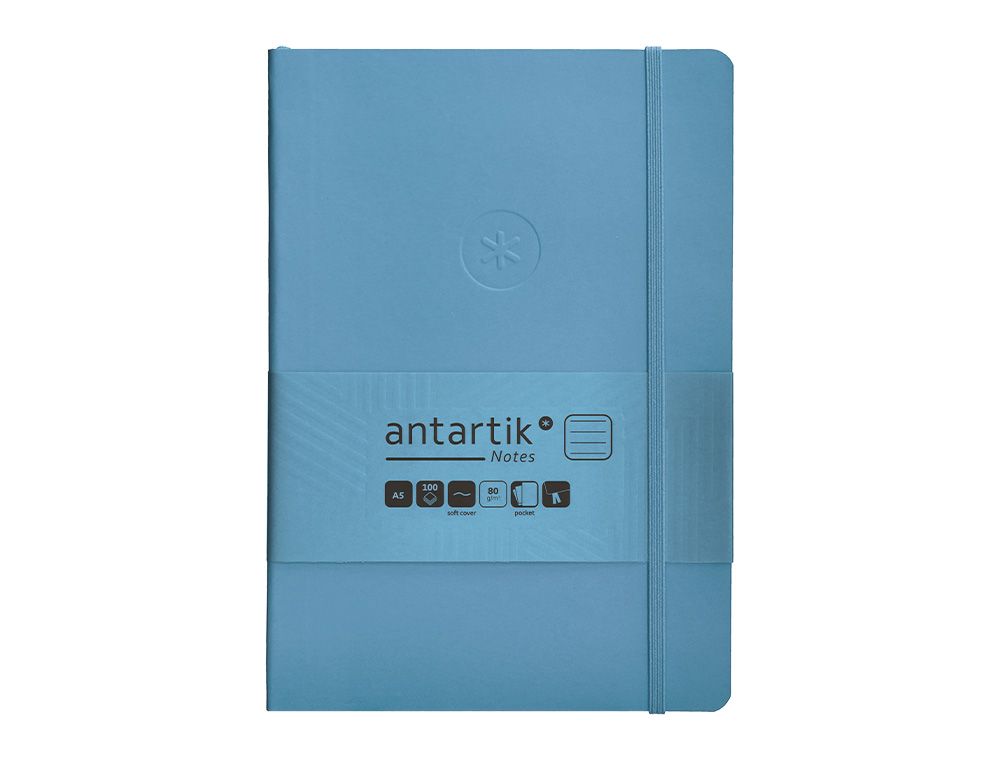 CUADERNO CON GOMILLA ANTARTIK NOTES TAPA BLANDA A5 HOJAS RAYAS AZUL CLARO 80 HOJAS 80 GR FSC