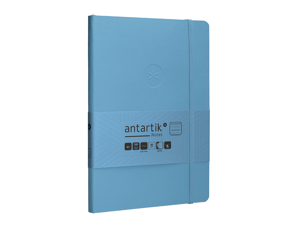 CUADERNO CON GOMILLA ANTARTIK NOTES TAPA BLANDA A5 HOJAS RAYAS AZUL CLARO 80 HOJAS 80 GR FSC