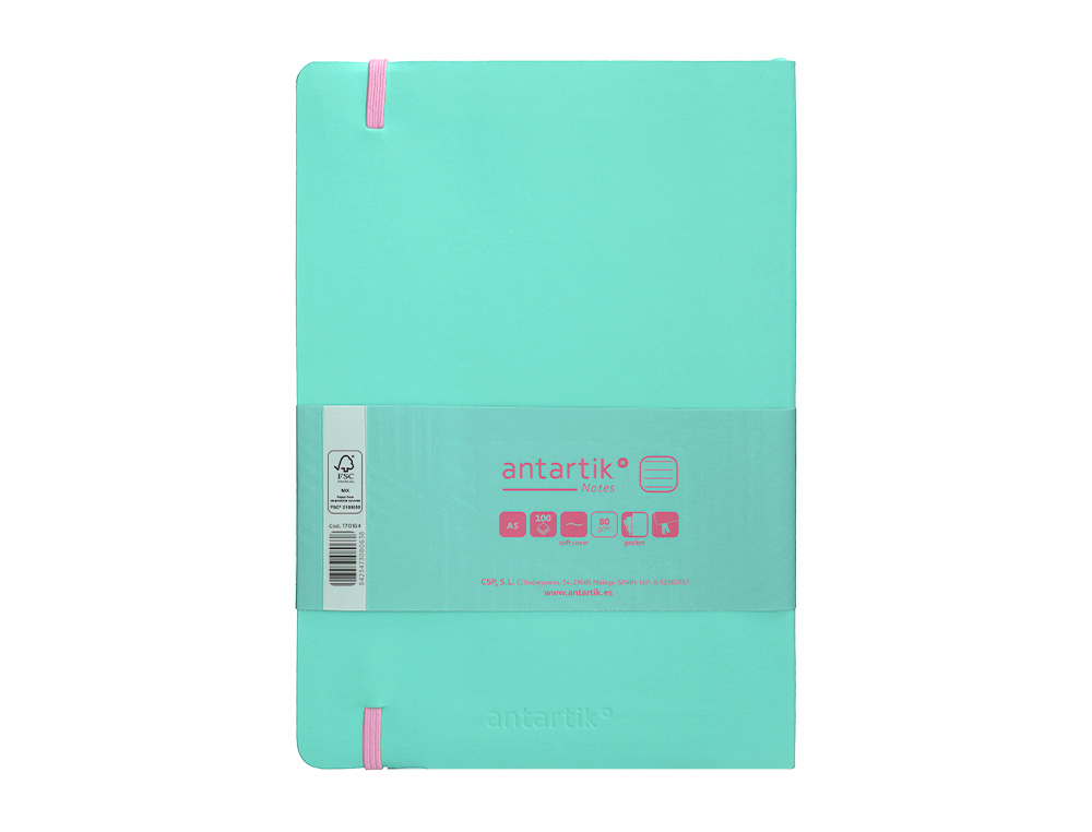 CUADERNO CON GOMILLA ANTARTIK NOTES TAPA BLANDA A5 HOJAS RAYAS ROSA Y TURQUESA 80 HOJAS 80 GR FSC
