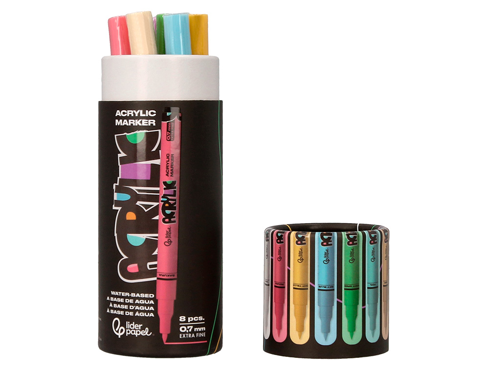 ROTULADOR LIDERPAPEL ACRYLIC BASE AGUA TODO TIPO DE SUPERFICIE PUNTA FINA 0,7 MM CAJA DE 8 UNIDADES COLORES PASTELES