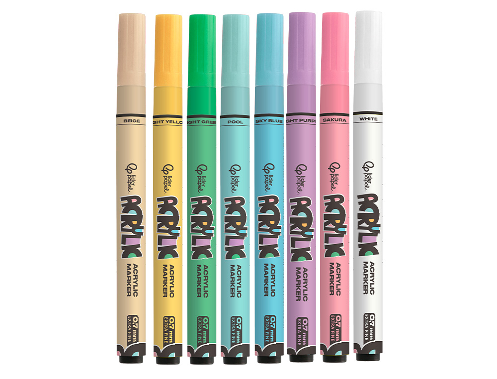 ROTULADOR LIDERPAPEL ACRYLIC BASE AGUA TODO TIPO DE SUPERFICIE PUNTA FINA 0,7 MM CAJA DE 8 UNIDADES COLORES PASTELES