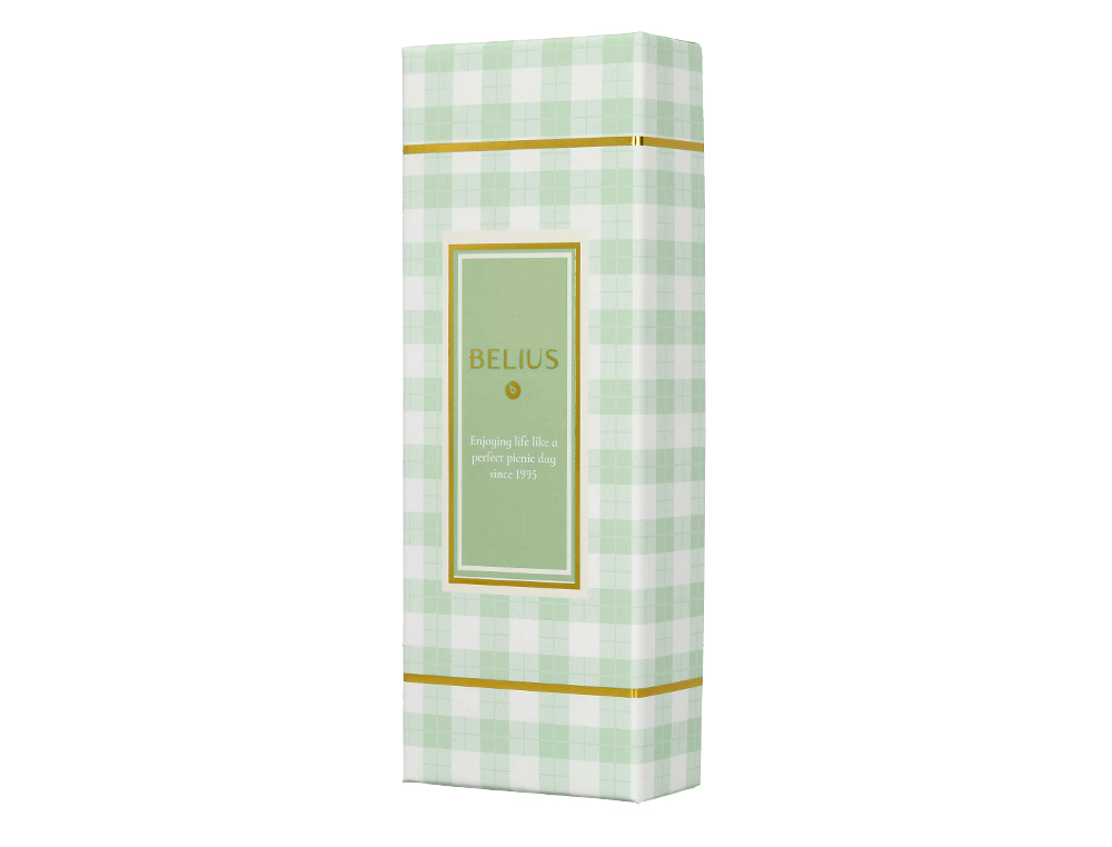 BOLIGRAFO BELIUS PICNIC ALUMINIO COLOR VERDE DORADO TINTA COLOR AZUL CAJA DE DISEÑO
