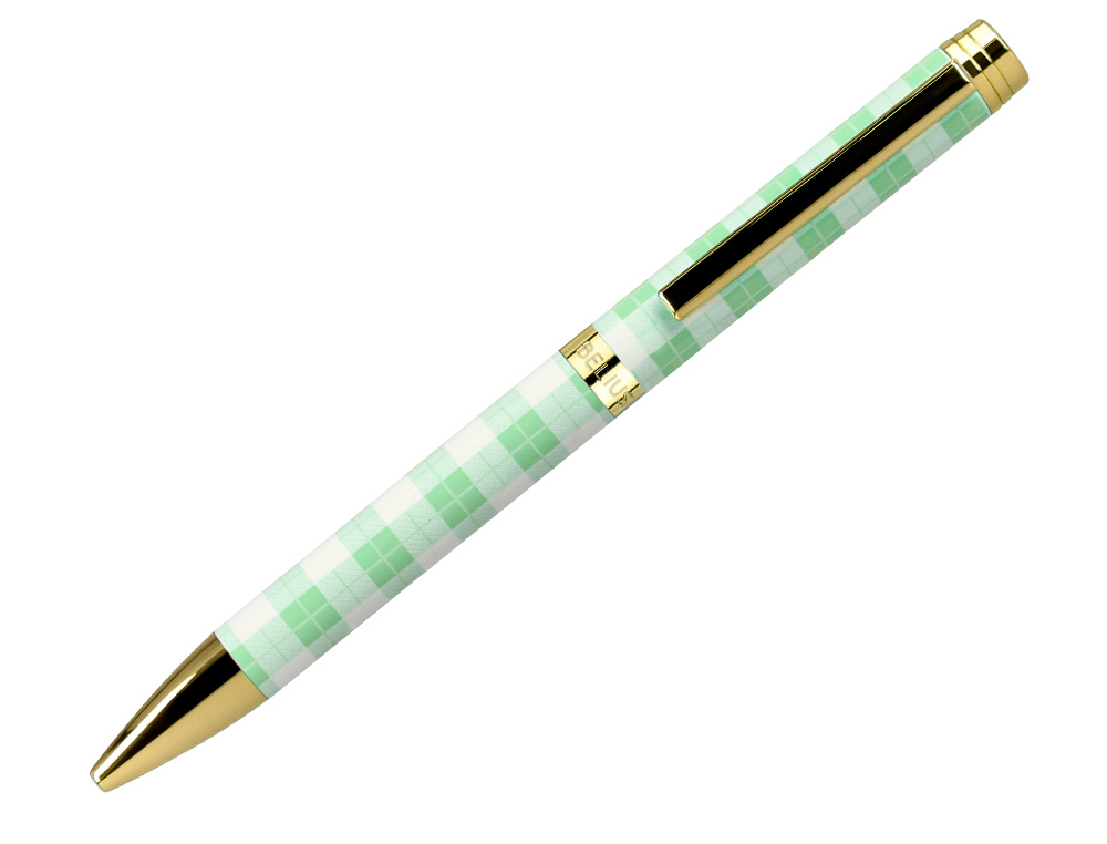 BOLIGRAFO BELIUS PICNIC ALUMINIO COLOR VERDE DORADO TINTA COLOR AZUL CAJA DE DISEÑO