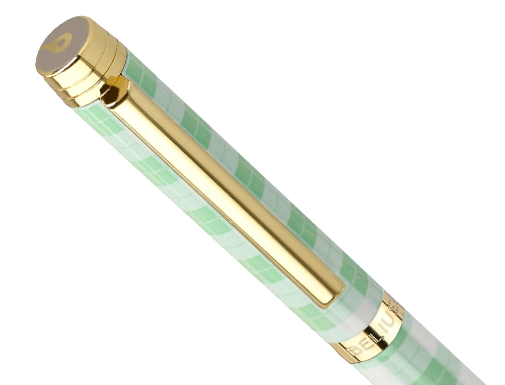 BOLIGRAFO BELIUS PICNIC ALUMINIO COLOR VERDE DORADO TINTA COLOR AZUL CAJA DE DISEÑO