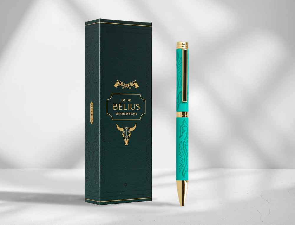 BOLIGRAFO BELIUS WILD WEST ALUMINIO COLOR VERDE TINTA COLOR AZUL CAJA DE DISEO