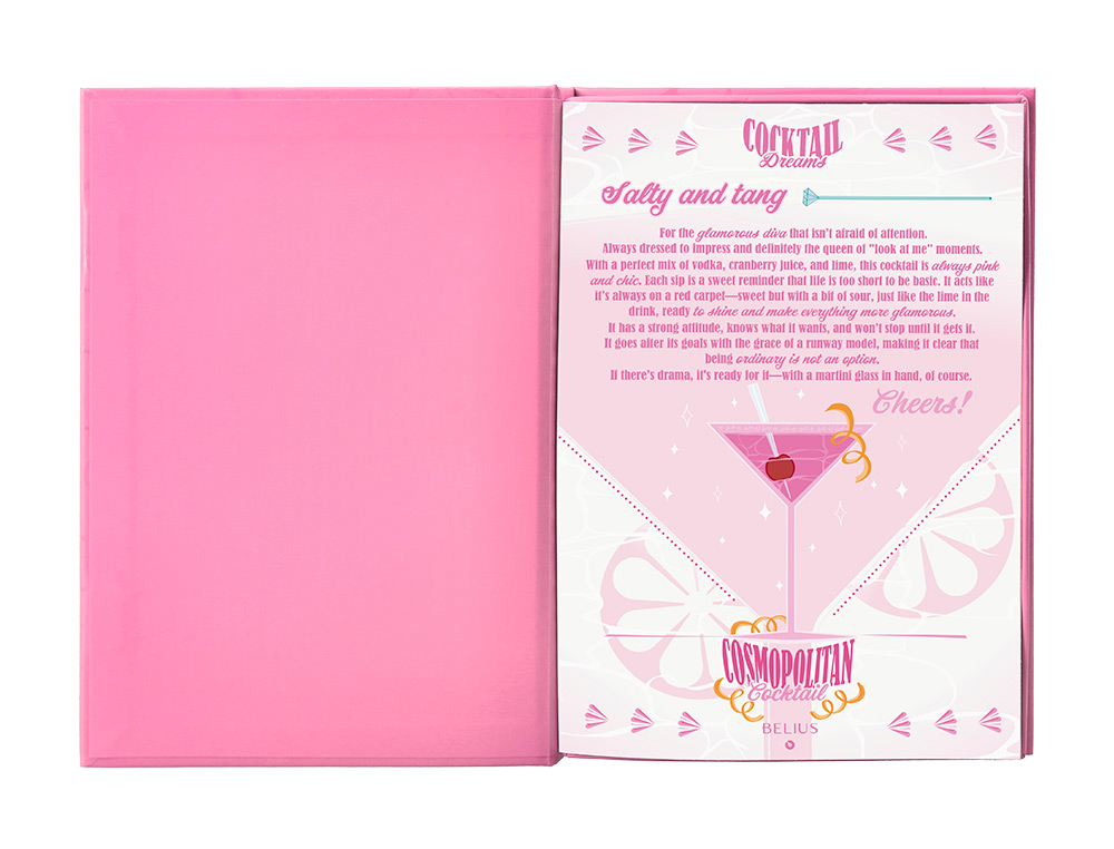 BOLIGRAFO Y WALLET BELIUS COCKTAILS COSMOPOLITAN ALUMINIO ROSA PLATEADO RELIEVETINTA COLOR AZUL CAJA DISEO