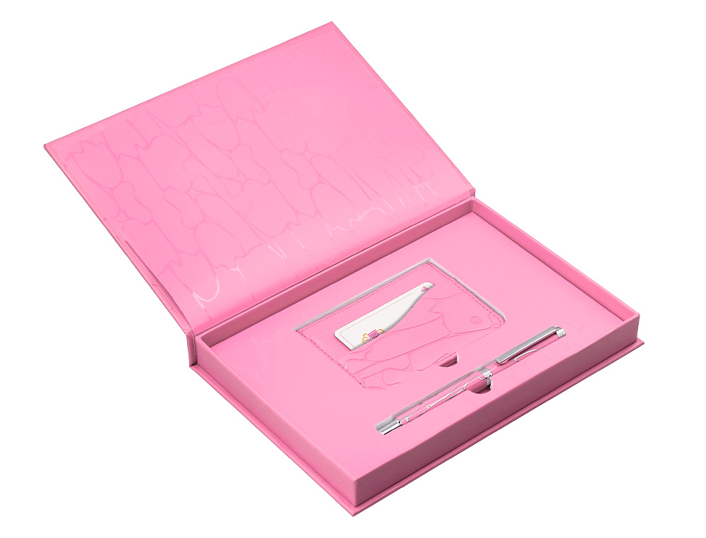 BOLIGRAFO Y WALLET BELIUS COCKTAILS COSMOPOLITAN ALUMINIO ROSA PLATEADO RELIEVETINTA COLOR AZUL CAJA DISEO