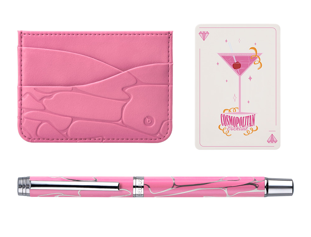 BOLIGRAFO Y WALLET BELIUS COCKTAILS COSMOPOLITAN ALUMINIO ROSA PLATEADO RELIEVETINTA COLOR AZUL CAJA DISEO