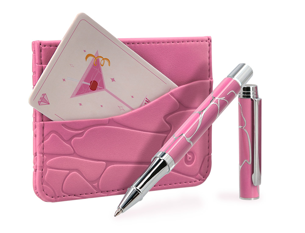 BOLIGRAFO Y WALLET BELIUS COCKTAILS COSMOPOLITAN ALUMINIO ROSA PLATEADO RELIEVETINTA COLOR AZUL CAJA DISEO