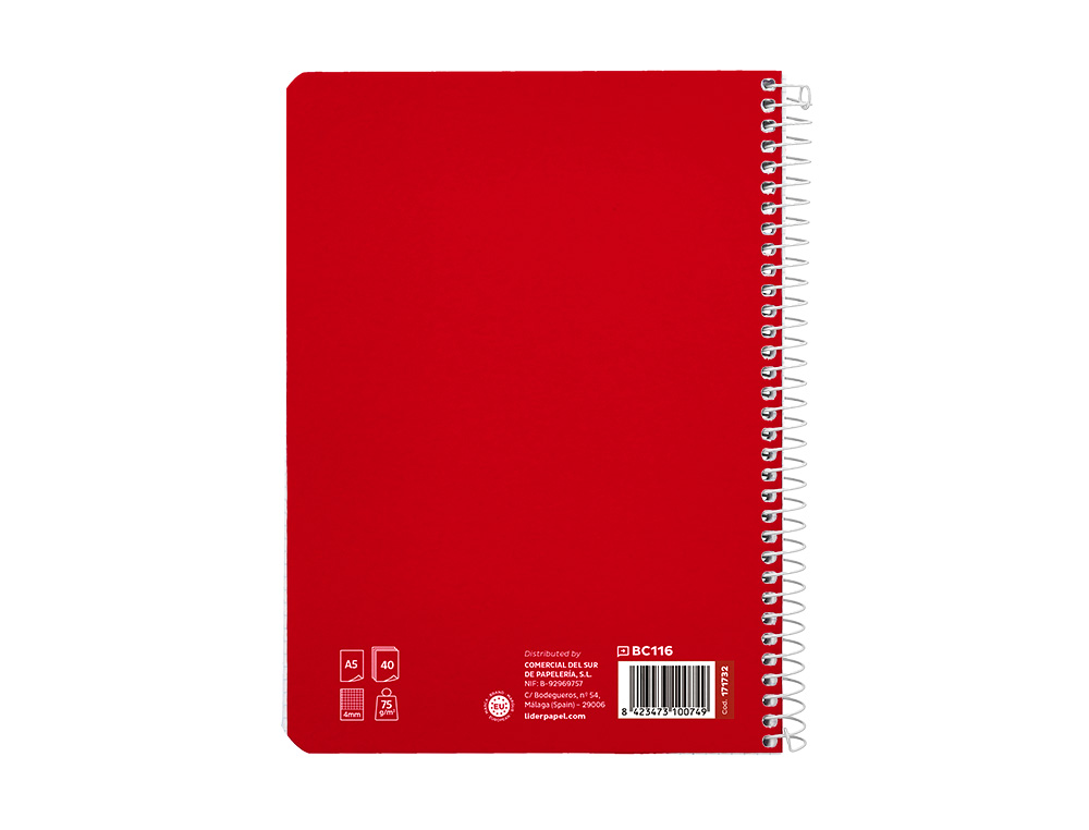 CUADERNO ESPIRAL LIDERPAPEL A5 PAUTAGUIA TAPA BLANDA 40H 75 GR CUADRO PAUTADO 4MM COLOR ROJO