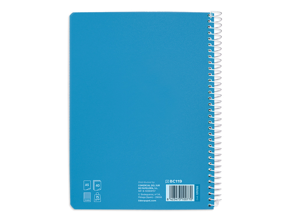 CUADERNO ESPIRAL LIDERPAPEL A5 PAUTAGUIA TAPA BLANDA 40H 75 GR CUADRO PAUTADO 5MM COLOR AZUL