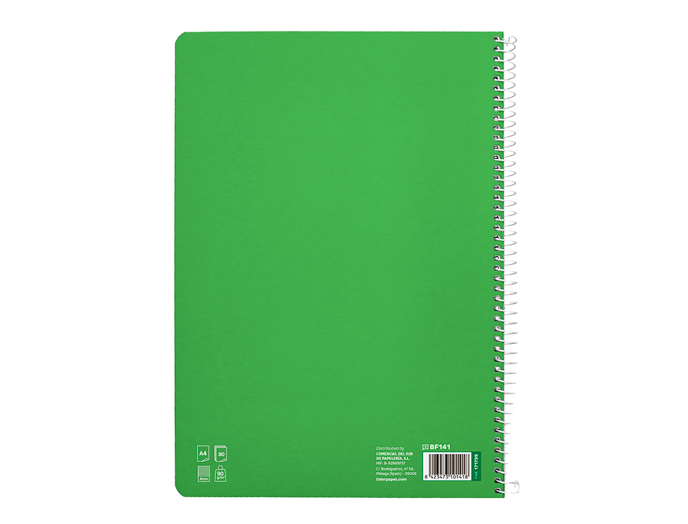 CUADERNO ESPIRAL LIDERPAPEL A4 PAUTAGUIA TAPA DURA 80H 90 GR CUADRO PAUTADO 4MM COLOR VERDE