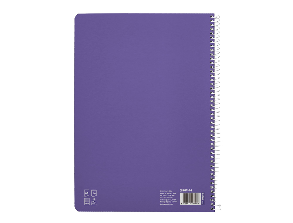 CUADERNO ESPIRAL LIDERPAPEL DIN A4 PAUTAGUIA TAPA DURA 80H 90 GR CUADRO PAUTADO 5MM COLOR LILA