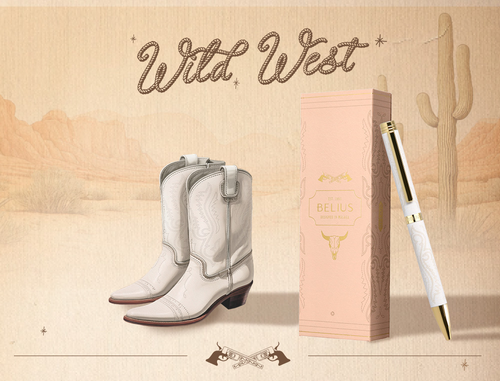 BOLIGRAFO BELIUS WILD WEST ALUMINIO COLOR CREMA DORADO TINTA COLOR AZUL CAJA DE DISEO