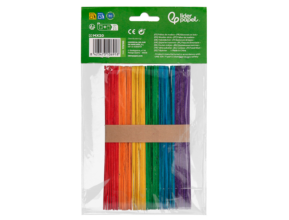 PALITOS DE MADERA LIDERPAPEL COLORES SURTIDOS 15X1,8 CM BOLSA CON 50 UNIDADES