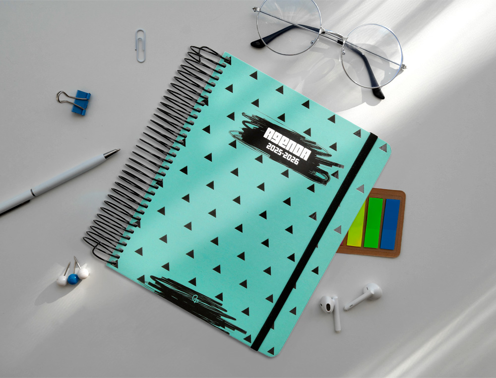 AGENDA ESCOLAR LIDERPAPEL 25-26 ESPIRAL PATTERNS TRIANGULOS DIA PAGINA A5 BILINGE PAPEL FSC 80 GR