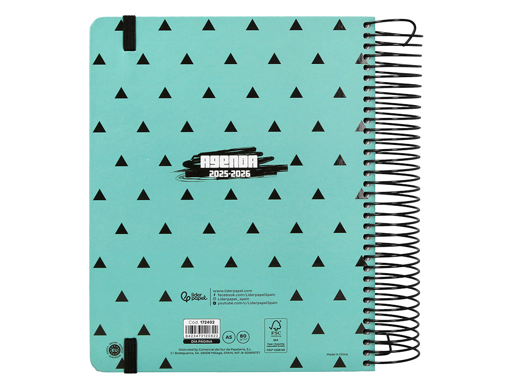 AGENDA ESCOLAR LIDERPAPEL 25-26 ESPIRAL PATTERNS TRIANGULOS DIA PAGINA A5 BILINGE PAPEL FSC 80 GR