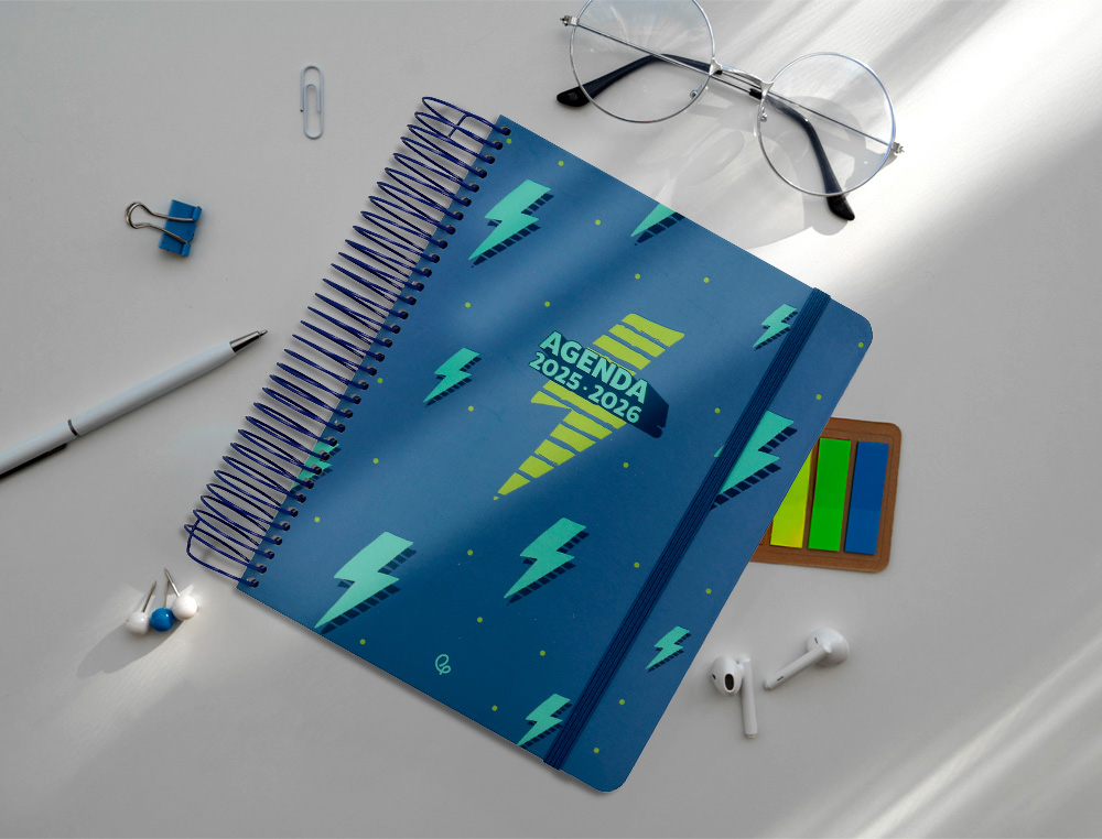 AGENDA ESCOLAR LIDERPAPEL 25-26 ESPIRAL PATTERNS RAYOS AZUL DIA PAGINA A5 BILINGE PAPEL FSC 80 GR