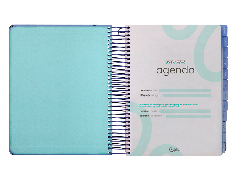 AGENDA ESCOLAR LIDERPAPEL 25-26 ESPIRAL PATTERNS RAYOS AZUL DIA PAGINA A5 BILINGE PAPEL FSC 80 GR