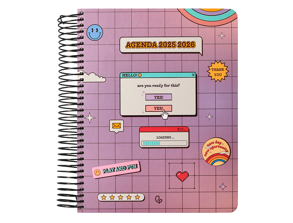 AGENDA ESCOLAR LIDERPAPEL 25-26 ESPIRAL PIXEL MORADO DIA PAGINA A5 BILINGÜE PAPEL FSC 80 GR