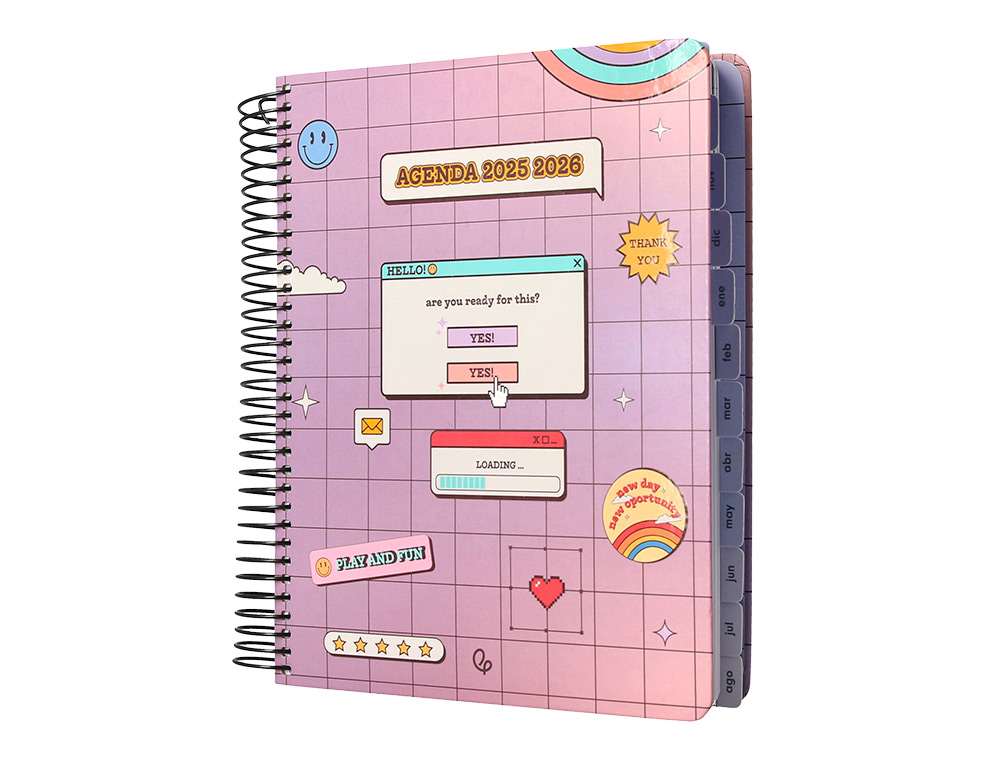 AGENDA ESCOLAR LIDERPAPEL 25-26 ESPIRAL PIXEL MORADO DIA PAGINA A5 BILINGÜE PAPEL FSC 80 GR